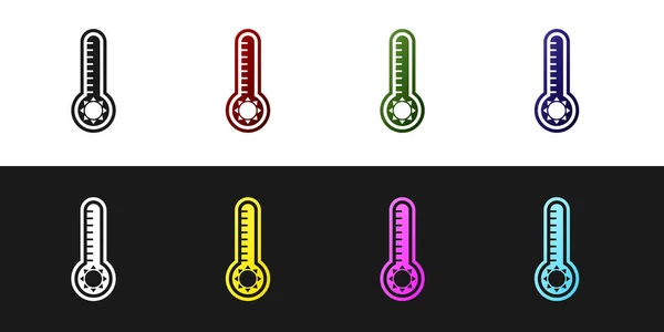 Defina o termômetro de meteorologia que mede o calor e o ícone frio isolado no fundo preto e branco. Equipamento termômetro mostrando clima quente ou frio. Ilustração vetorial — Vetor de Stock