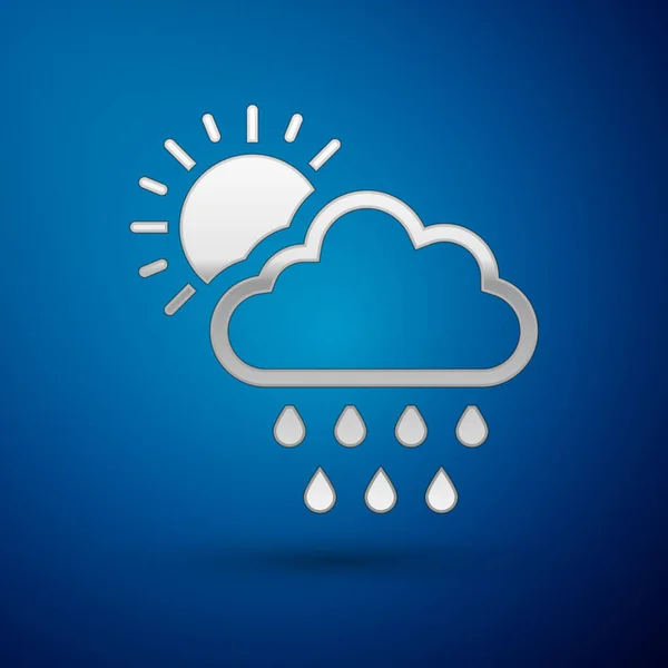 Ezüst felhő eső és a nap ikon elszigetelt kék háttérrel. Esőfelhő csapadék esőcseppekkel. Vektorillusztráció — Stock Vector