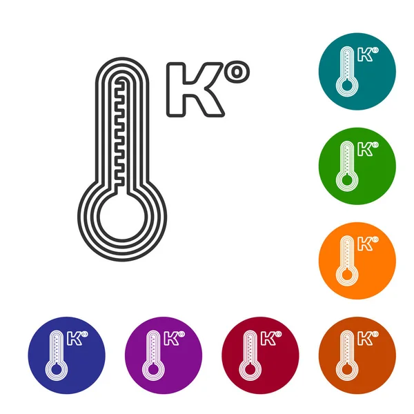 灰色の線気象温度計は、白い背景に隔離された熱と冷たいアイコンを測定します。温度ケルヴィンカラーサークルボタンにアイコンを設定します。ベクターイラスト — ストックベクタ