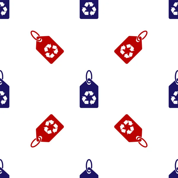 Etiqueta azul e vermelha com ícone de símbolo de reciclagem padrão sem costura isolado no fundo branco. Banner, etiqueta, etiqueta, logotipo, adesivo para verde eco. Ilustração vetorial —  Vetores de Stock