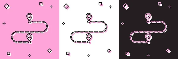 Set Route locatie pictogram geïsoleerd op roze en witte, zwarte achtergrond. Kaartaanwijzer. Begrip pad of weg. GPS navigator. Vector Illustratie — Stockvector