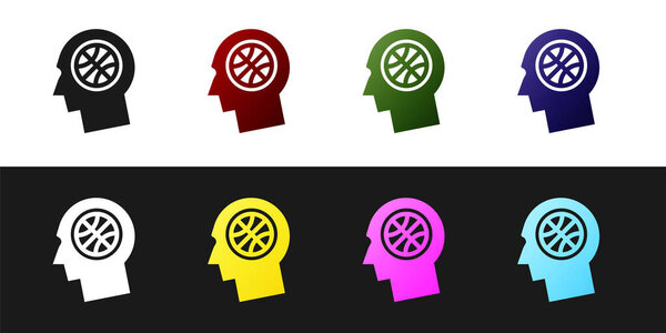 Set Thoughts on a basketball icon isolated on black and white background. Vector Illustration