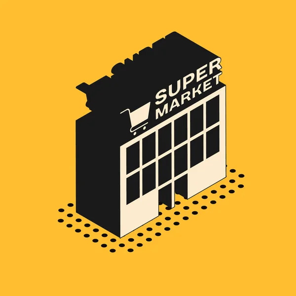 Isometrische Supermarkt gebouw met winkelwagentje pictogram geïsoleerd op gele achtergrond. Winkel of winkel. Winkelcentrum gebouw. Vector Illustratie — Stockvector