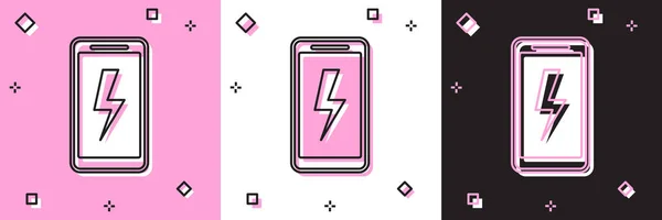 Definir ícone de bateria de carregamento Smartphone isolado em rosa e branco, fundo preto. Telefone com bateria fraca. Ilustração vetorial — Vetor de Stock