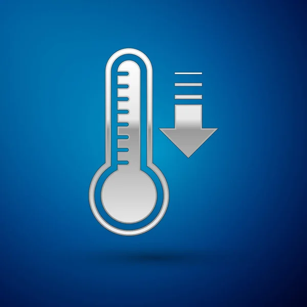 Ezüst Meteorológiai hőmérő hőt és hideg ikont mérve, kék háttérrel. Hőmérő berendezés, amely meleg vagy hideg időjárást mutat. Vektorillusztráció — Stock Vector