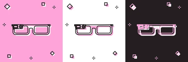 Set Slimme bril gemonteerd op brillen icoon geïsoleerd op roze en witte, zwarte achtergrond. Draagbare electronica slimme bril met camera en display. Vector Illustratie — Stockvector