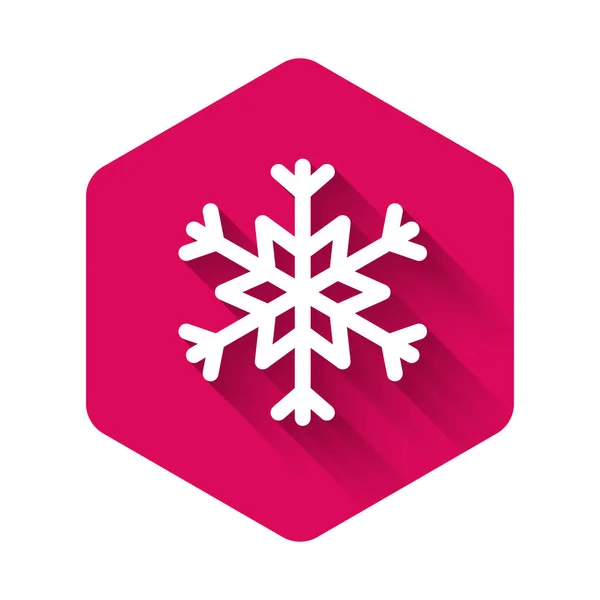 Witte Sneeuwvlok Pictogram Geïsoleerd Met Lange Schaduw Roze Zeshoek Knop — Stockvector