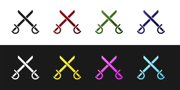 Set Icono de espadas piratas cruzadas aisladas sobre fondo blanco y negro. Signo de sable. Ilustración vectorial — Archivo Imágenes Vectoriales