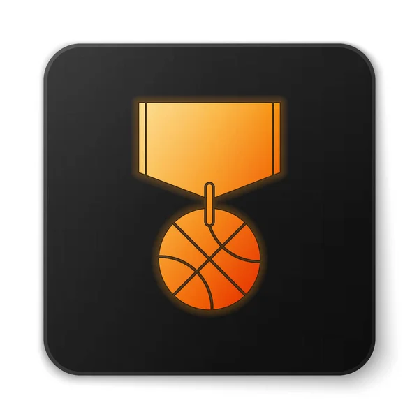 Médaille de basket-ball orange néon brillant avec icône de ruban isolé sur fond blanc. Bouton carré noir. Illustration vectorielle — Image vectorielle