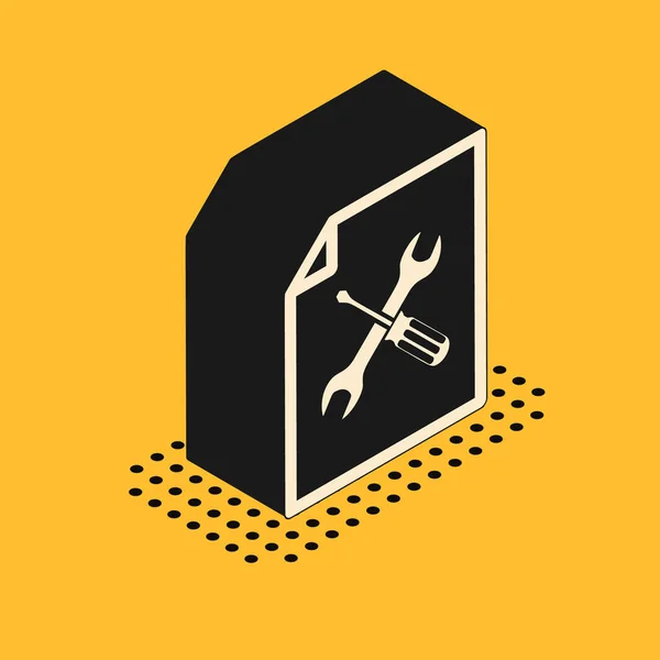 Izometrický dokument se šroubovákem a ikonou klíče izolovaný na žlutém pozadí. Nastavení, servis, nastavení, údržba, opravy, opravy. Vektorová ilustrace — Stockový vektor