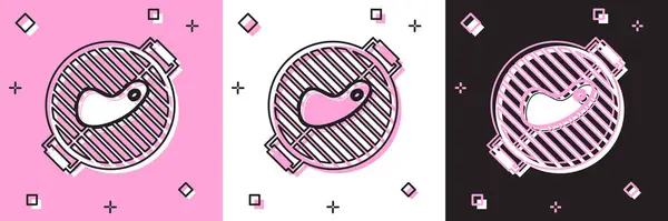 Definir churrasqueira com ícone de bife isolado em rosa e branco, fundo preto. Festa de churrasco. Ilustração vetorial — Vetor de Stock