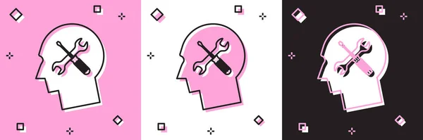 Set Cabeza humana con destornillador e icono de llave inglesa aislado sobre fondo rosa y blanco, negro. Inteligencia artificial. Trabajo simbólico del cerebro. Ilustración vectorial — Vector de stock