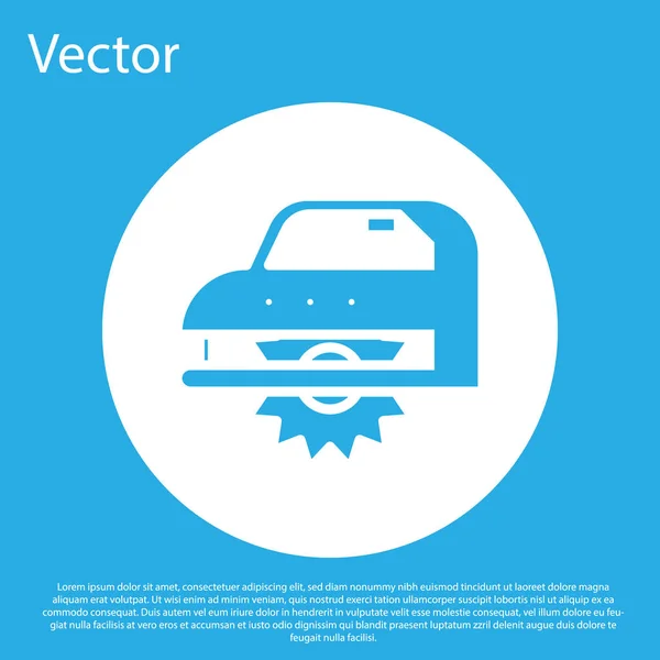 Serra circular Blue Electric com ícone de disco dentado de aço isolado no fundo azul. Ferramenta manual elétrica para cortar madeira ou metal. Botão de círculo branco. Ilustração vetorial — Vetor de Stock