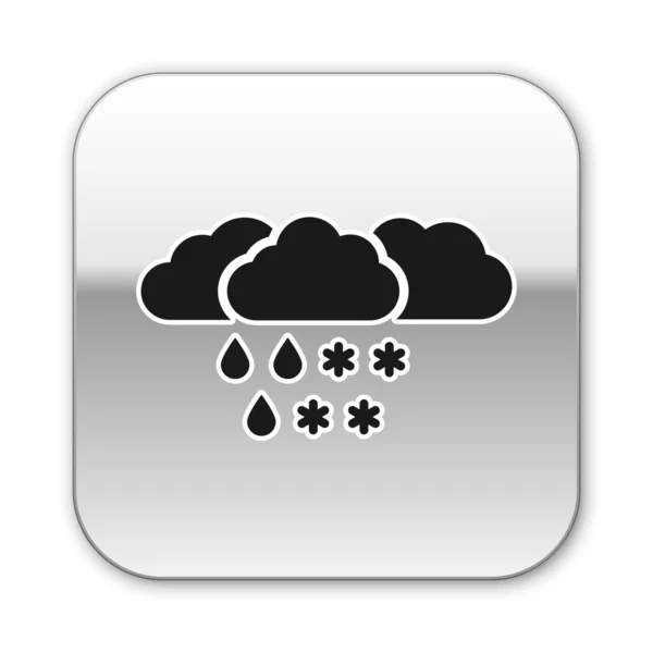 Nuvola Nera con icona neve e pioggia isolata su sfondo bianco. Icona meteo. Pulsante quadrato argento. Illustrazione vettoriale — Vettoriale Stock