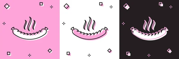 Set Salchicha con icono de vapor aislado en rosa y blanco, fondo negro. Salchicha a la parrilla y signo de aroma. Ilustración vectorial — Archivo Imágenes Vectoriales