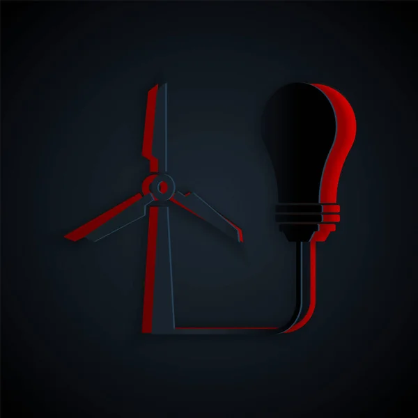 Papel cortado Lâmpada de luz com turbina eólica como ideia de eco amigável fonte de ícone de energia isolado no fundo preto. Conceito de energia alternativa. Estilo de arte de papel. Ilustração vetorial — Vetor de Stock