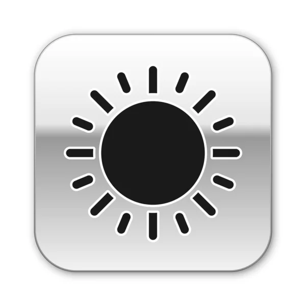 Schwarzes Sonnensymbol isoliert auf weißem Hintergrund. Silberner quadratischer Knopf. Vektorillustration — Stockvektor