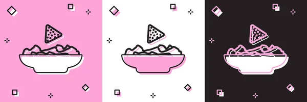 Définir les nachos dans l'icône de la plaque isolée sur fond rose et blanc, noir. Tortilla chips ou nachos tortillas. Restauration rapide mexicaine traditionnelle. Illustration vectorielle — Image vectorielle