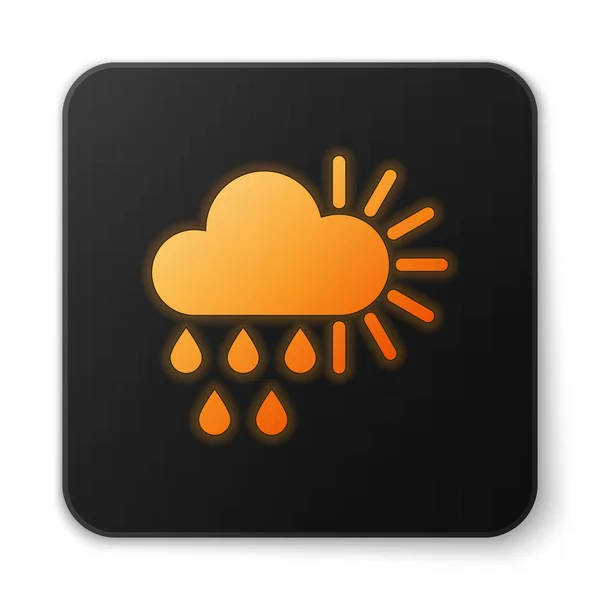 Orange leuchtende Neon bewölkt mit Regen und Sonne Symbol isoliert auf weißem Hintergrund. Regenwolken Niederschlag mit Regentropfen. schwarzer quadratischer Knopf. Vektorillustration — Stockvektor