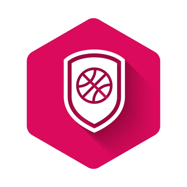 White Shield Basketball Ball Icon Isolated Long Shadow Pink Hexagon — Stock Vector