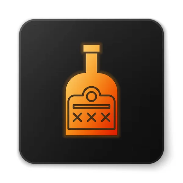 橙色发亮的霓虹灯酒精饮用朗姆瓶图标分离的白色背景。 黑色方块按钮。 病媒图解 — 图库矢量图片