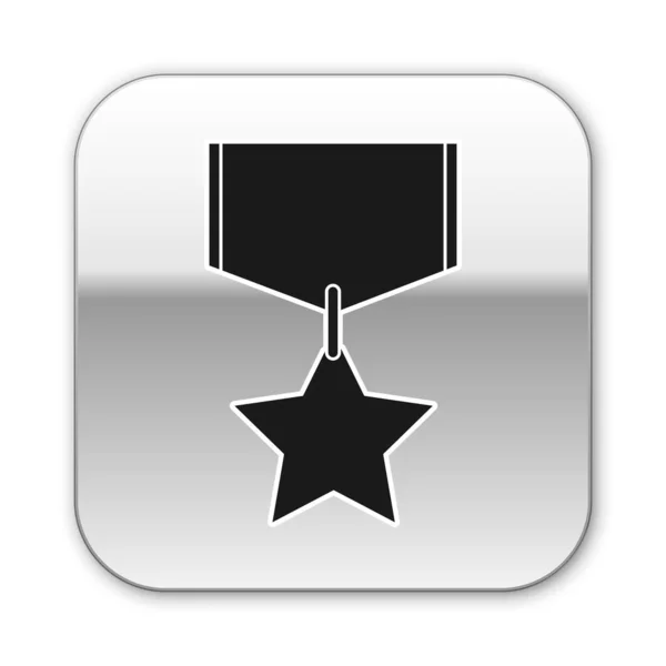 Icône Médaille militaire noire isolée sur fond blanc. Signature de l'armée. Bouton carré argenté. Illustration vectorielle — Image vectorielle