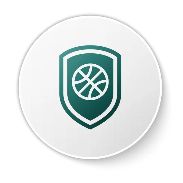 Зелений щит в баскетбольній кулі всередині ікони ізольований на білому тлі. Кнопка білого кола. Векторний приклад — стоковий вектор