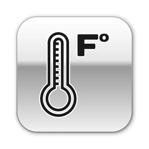 Termometro Meteorologia nera che misura il calore e l'icona a freddo isolata su sfondo bianco. Temperatura Fahrenheit. Pulsante quadrato argento. Illustrazione vettoriale — Vettoriale Stock