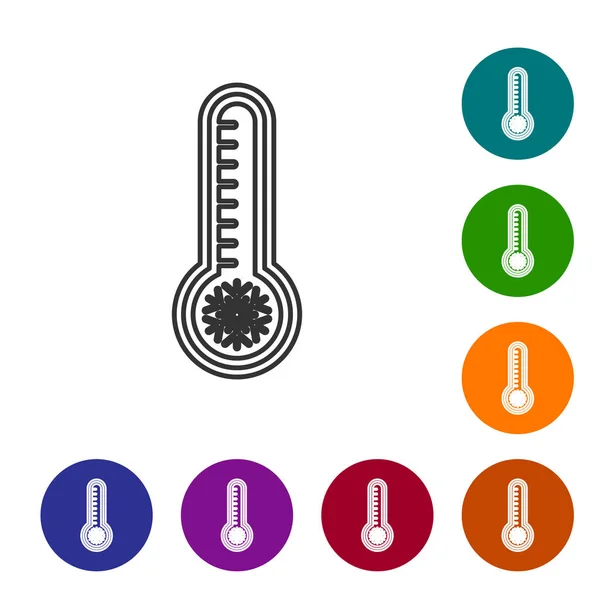 Linha cinza Termômetro de meteorologia medindo calor e ícone frio isolado no fundo branco. Equipamento termômetro mostrando clima quente ou frio. Definir ícones em botões de círculo de cores. Ilustração vetorial —  Vetores de Stock