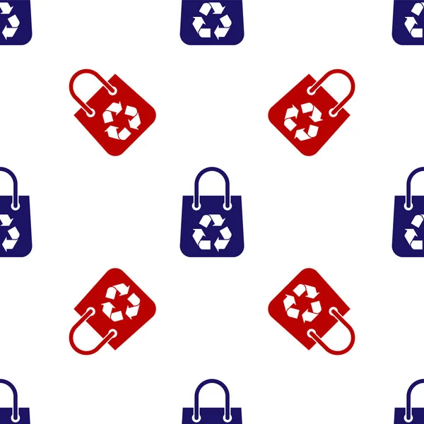 Blue and red Paper shopping bag with recycle icon isolated seamless pattern on white background. Bag with recycling symbol. Vector Illustration — Stock Vector