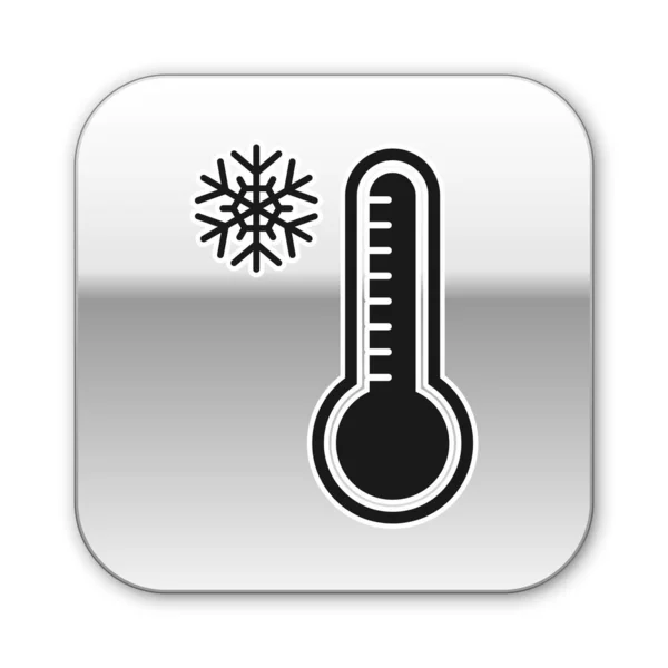 Μαύρο Μετεωρολογικό θερμόμετρο που μετρά τη θερμότητα και το κρύο εικονίδιο που απομονώνονται σε λευκό φόντο. Θερμομετρικό εξοπλισμό που δείχνει ζεστό ή κρύο καιρό. Ασημένιο τετράγωνο κουμπί. Εικονογράφηση διανύσματος — Διανυσματικό Αρχείο
