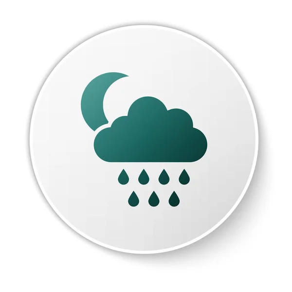 Grüne Wolke mit Regen und Mond-Symbol isoliert auf weißem Hintergrund. Regenwolken Niederschlag mit Regentropfen. weißer Kreis-Knopf. Vektorillustration — Stockvektor