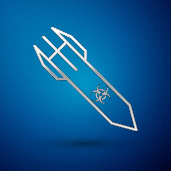 Silver Biohazard raket pictogram geïsoleerd op blauwe achtergrond. De raketbom vliegt naar beneden. Vector Illustratie — Stockvector