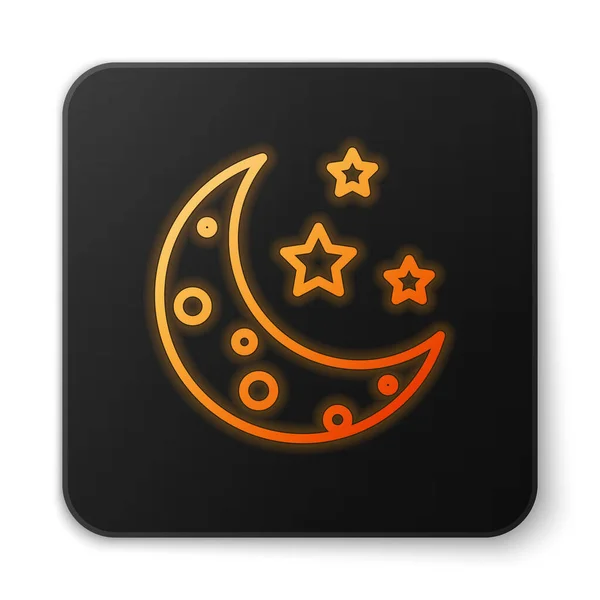 Naranja brillante Luna de neón y estrellas icono aislado sobre fondo blanco. Botón cuadrado negro. Ilustración vectorial — Archivo Imágenes Vectoriales