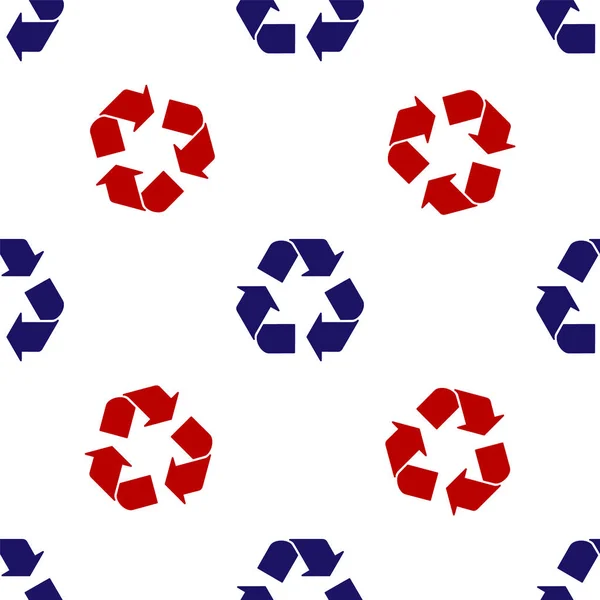 Ícone de símbolo de reciclagem azul e vermelho isolado padrão sem costura no fundo branco. Ícone de seta circular. Meio ambiente reciclável ficar verde. Ilustração vetorial —  Vetores de Stock