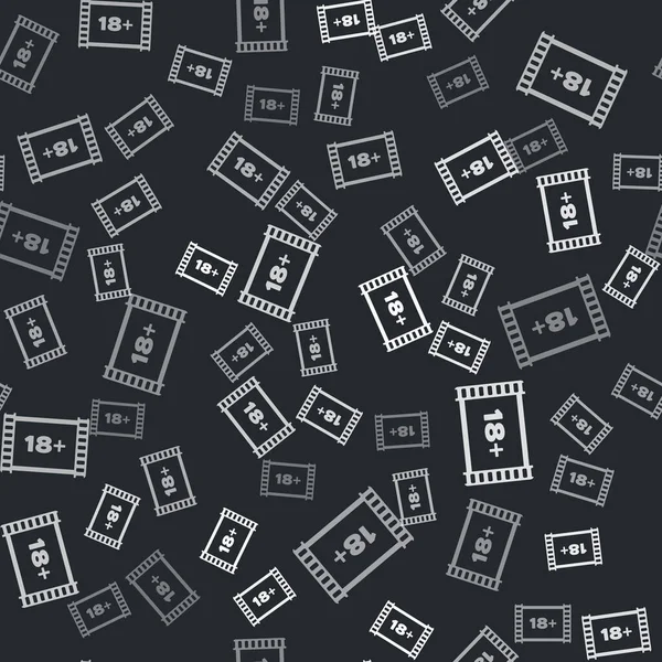 Grey Play Video with inscription 18 plus icon isolated seamless pattern on black background. Age restriction symbol. 18 plus content sign. Adult channel. Vector Illustration — Stock Vector