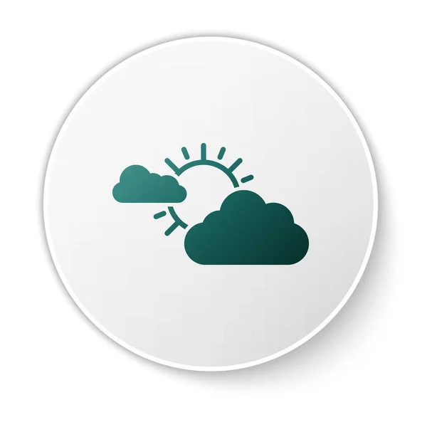 Icono de sol verde y clima nuboso aislado sobre fondo blanco. Botón círculo blanco. Ilustración vectorial — Archivo Imágenes Vectoriales