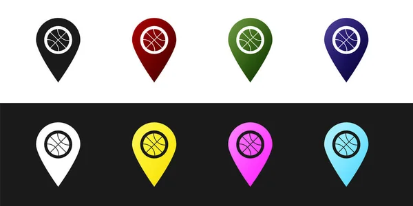 Establecer ubicación con bola de baloncesto dentro del icono aislado sobre fondo blanco y negro. Ilustración vectorial — Vector de stock