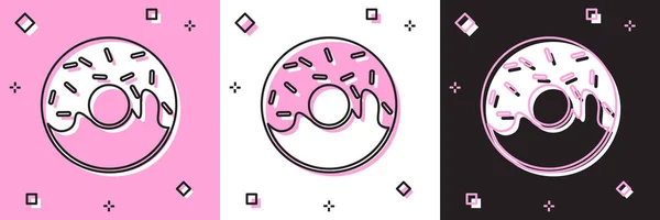 Set Donut con icono de esmalte dulce aislado sobre fondo rosa y blanco, negro. Ilustración vectorial — Vector de stock