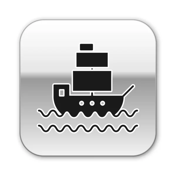 Siyah Gemi simgesi beyaz arka planda yalıtılmış. Gümüş kare düğme. Vektör İllüstrasyonu — Stok Vektör