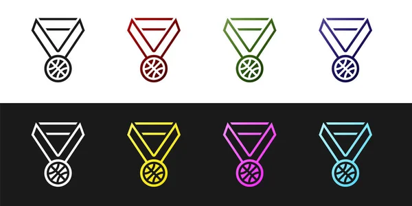 Set Basketbalová medaile s ikonou stuhy izolované na černobílém pozadí. Vektorová ilustrace — Stockový vektor