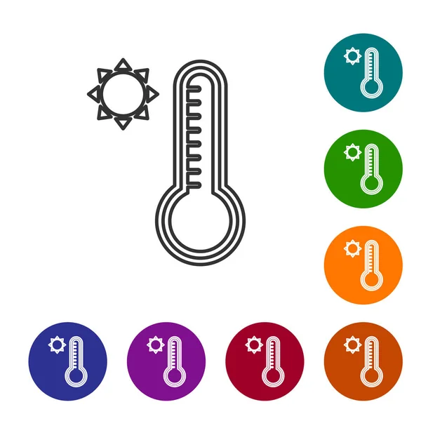 Linha cinza Termômetro de meteorologia medindo calor e ícone frio isolado no fundo branco. Equipamento termômetro mostrando clima quente ou frio. Definir ícones em botões de círculo de cores. Ilustração vetorial —  Vetores de Stock