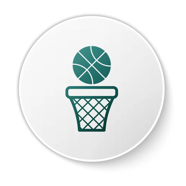 Зелений баскетбольний м'яч і ікона кошика ізольовані на білому тлі. М'яч у баскетбольній обручці. Кнопка білого кола. Векторний приклад — стоковий вектор