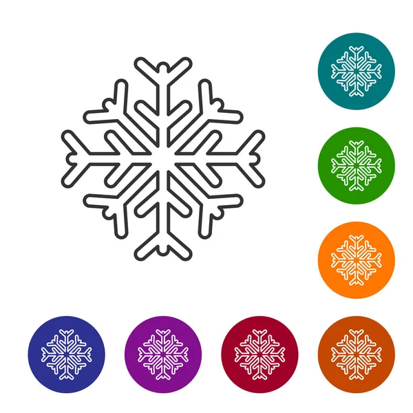 Graue Linie Schneeflocke Symbol isoliert auf weißem Hintergrund. setzen Sie Symbole in Farbkreis-Buttons. Vektorillustration — Stockvektor
