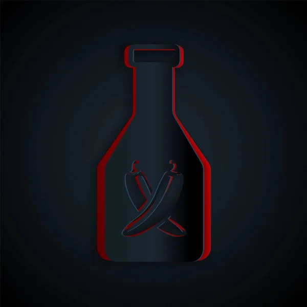 Icona bottiglia Ketchup tagliata su sfondo nero. Segno baccello peperoncino piccante. Barbecue e barbecue simbolo della griglia. Stile cartaceo. Illustrazione vettoriale — Vettoriale Stock