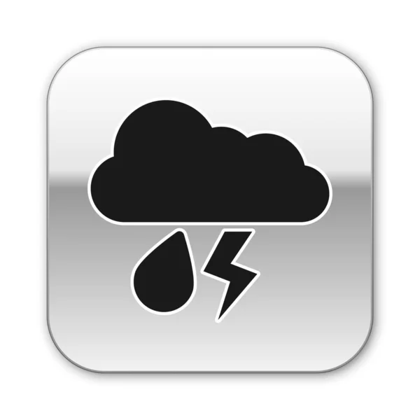 Nuvola nera con pioggia e icona fulmine isolato su sfondo bianco. Pioggia precipitazioni nuvolose con gocce di pioggia.Meteo icona della tempesta. Pulsante quadrato argento. Illustrazione vettoriale — Vettoriale Stock