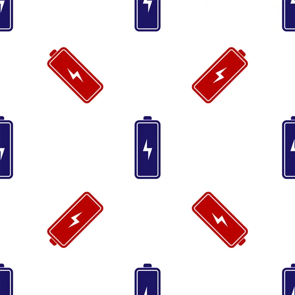 Azul y rojo icono de la batería aislado patrón sin costura sobre fondo blanco. Rayo símbolo del perno. Ilustración vectorial — Vector de stock