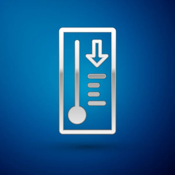 Termómetro Silver Meteorology que mide el calor y el icono frío aislado sobre fondo azul. Equipo de termómetro que muestra clima caliente o frío. Ilustración vectorial — Vector de stock