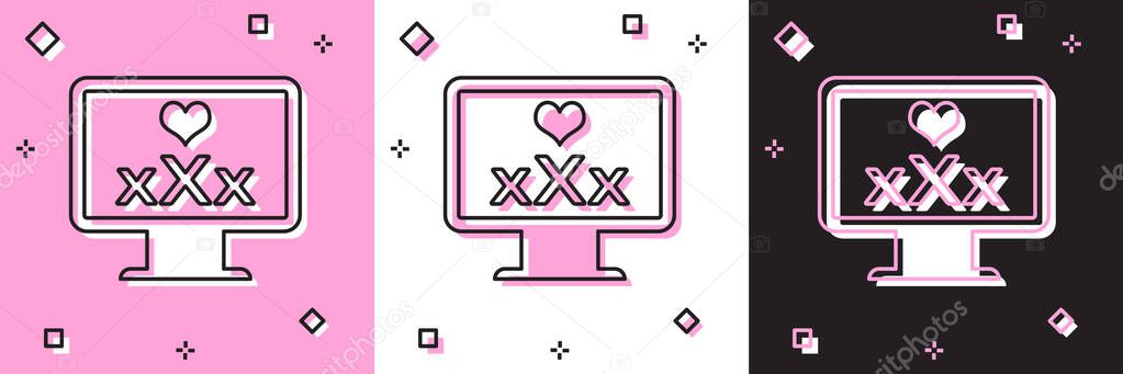 Set Computer monitor with 18 plus content heart icon isolated on pink and white, black background. Age restriction symbol. XXX content sign. Adult channel. Vector Illustration