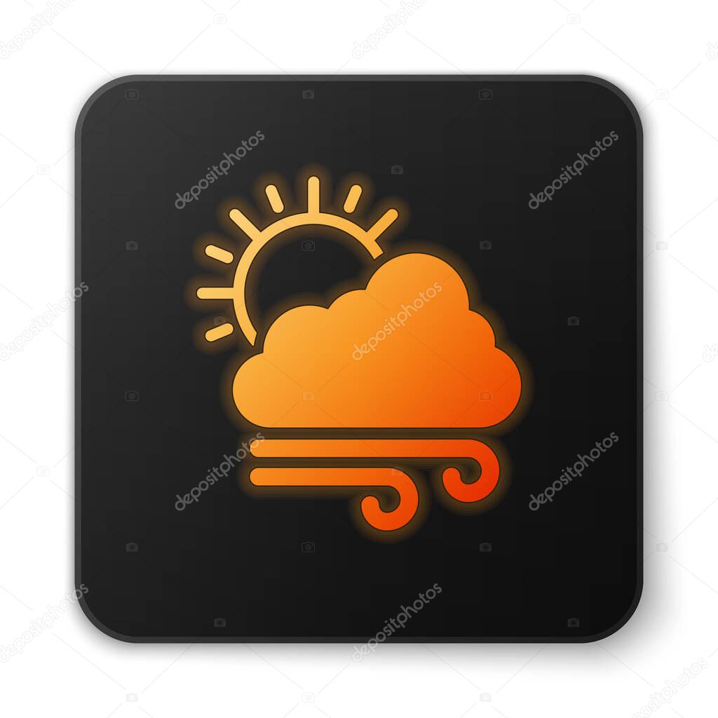 Orange glowing neon Windy weather icon isolated on white background. Cloud with sun and wind. Black square button. Vector Illustration